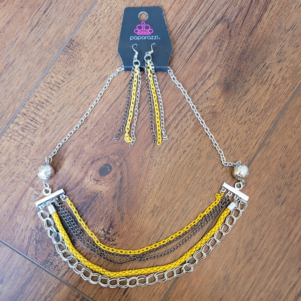Paparazzi Silver and Yellow Multi-Chain Necklace Set